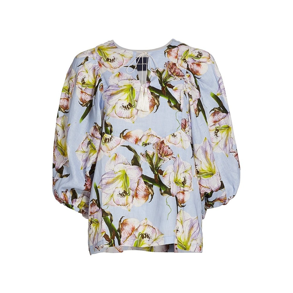 Samantha Sung NWOT $475 White Lily 3/4 Puff Sleeve Blouse in Soft Sky Blue Sz 10